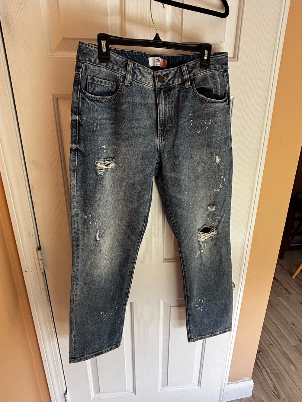 CAbi Boyfriend Jeans in Washed Blue with Distressed Details